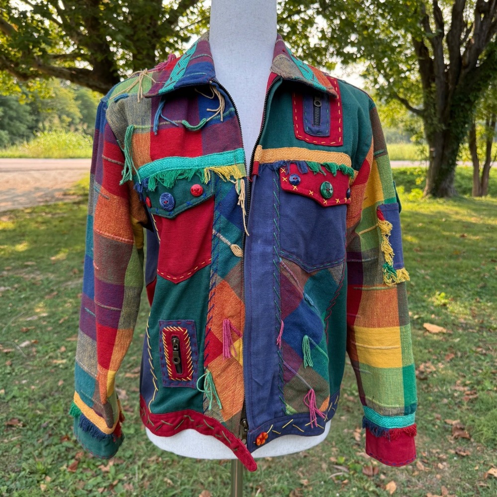 Yak Magik Patchwork Jacket Multi Color Woven Cotton Silk Nepal Small 90s Vintage